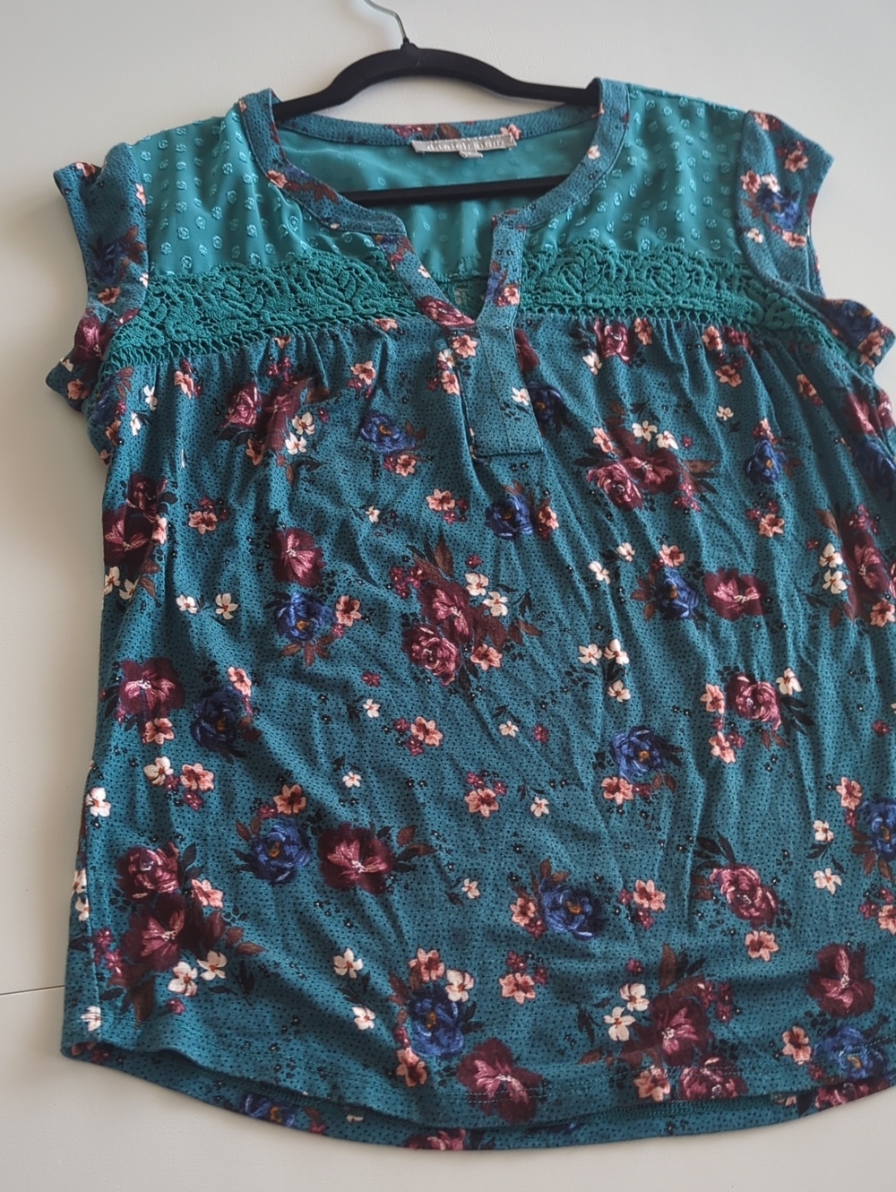 Daniel Rainn Teal Floral Crochet-Yoke Top